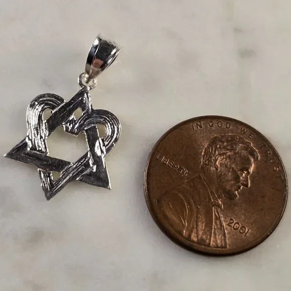 Sterling Silver Jewish Judaica Star of David Heart Pendant 1.0g E4760 - Picture 3 of 3
